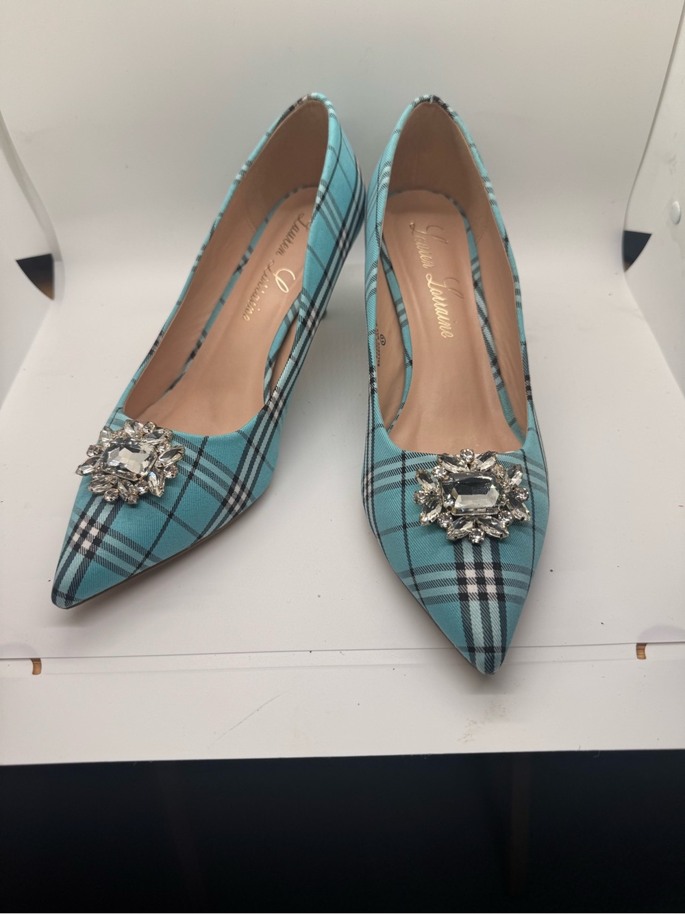 Lauren Lorraine Aqua Plaid Pointed-Toe Flats with Crystal Brooch